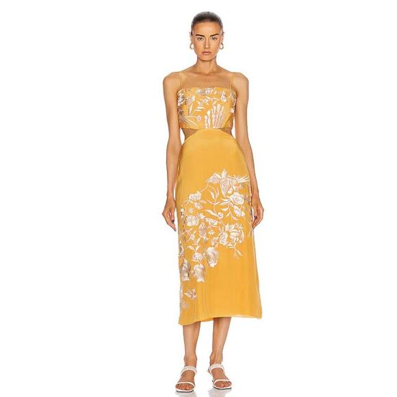 JOHANNA ORTIZ Embroidered Cut Out Midi Dress 12 L Silk Yellow Gold Floral $2250 - Picture 2 of 9